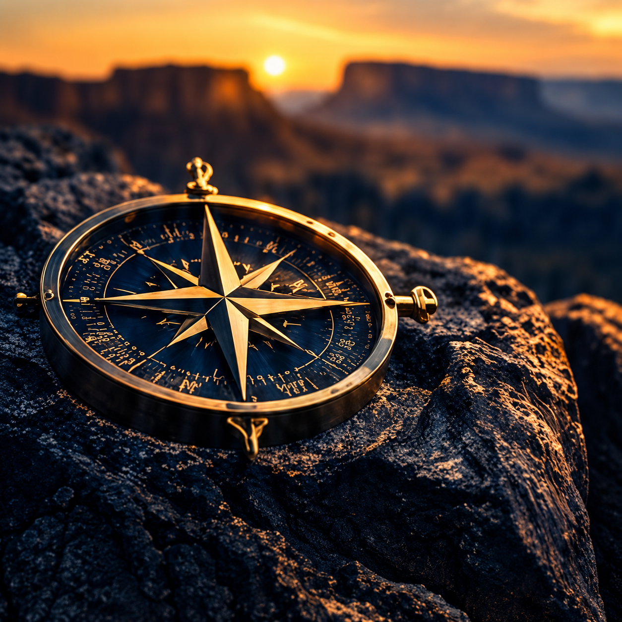 Brass compass on dark rock overlooking a desert mesa at sunset